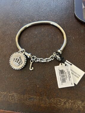 Juicy Couture Silver Crown Medallion Chain Charm Bangle Bracelet